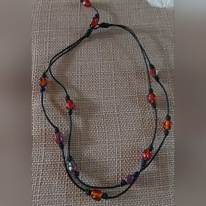New Handmade 2-Strand Black Leather & Red Beaded Necklace